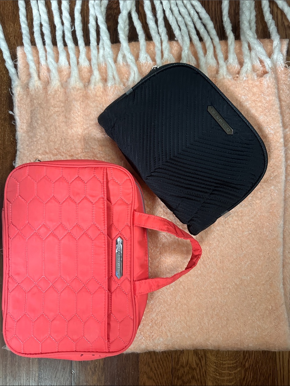 Aimee Kestenberg Coral and Black Quilted Cosmetic Bag Duo
